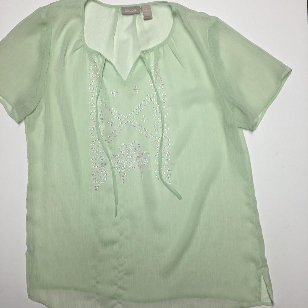 Chico's Women's Sheer Green SS Top Size 1